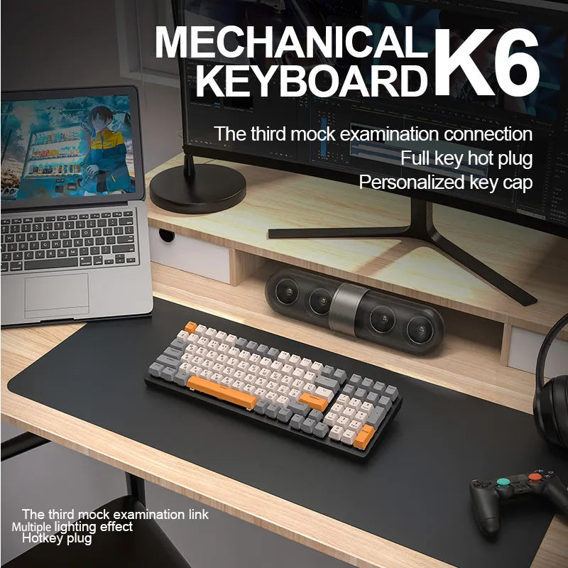 K6 Mechanical Keyboard Wireless 5.0 BT 2.4 Ghz Wired Three Modes Backlit Bluetooth Gamer Keyboard 100 Keys Keycaps Pc Gamer